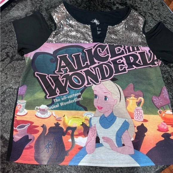 Disney parks Alice in Wonderland cold shoulder sequin embellished  T shirt - Picture 11 of 14